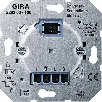  артикул 226300 название Gira Мех Светорегулятор 2-х канал. нажимной 2 х 50-210 ВА для л/н, обм. и электр. тр-ров