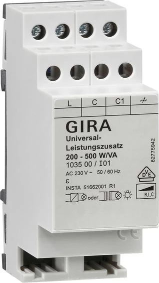  артикул 103500 название Gira Мех Универсальный усилитель мощности на DIN-рейку 200-500W/VA для 103400