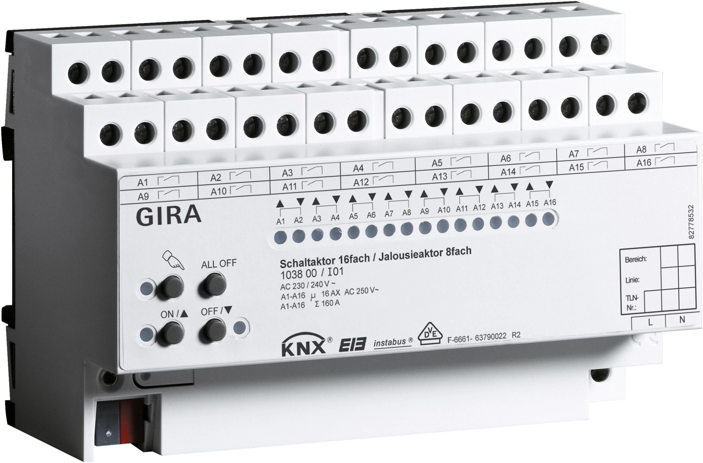  артикул 103800 название Gira Instabus Актор для жалюзи/выкл 16/8-канальный с руч. управ., для DIN-рейки